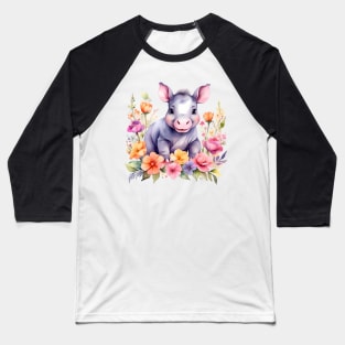 A baby hippo decorated with beautiful watercolor flowers Baseball T-Shirt